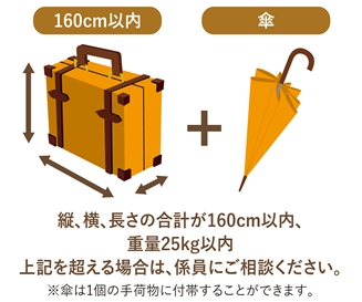 縦、横、長さの合計が160cm以内、重量25kg以内 を超える場合は、係員にご相談ください。
