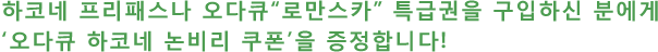 하코네 프리패스나 오다큐"로만스카" 특급권을 구입하신 분에게 '오다큐 하코네 논비리 쿠폰'을 증정합니다!